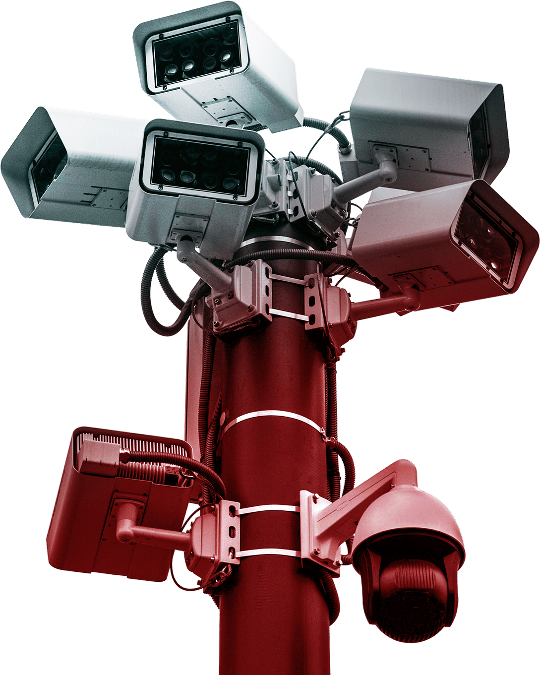 Surveillance camera tower with multiple cameras positioned for comprehensive monitoring, illustrating concerns around security and public safety.
