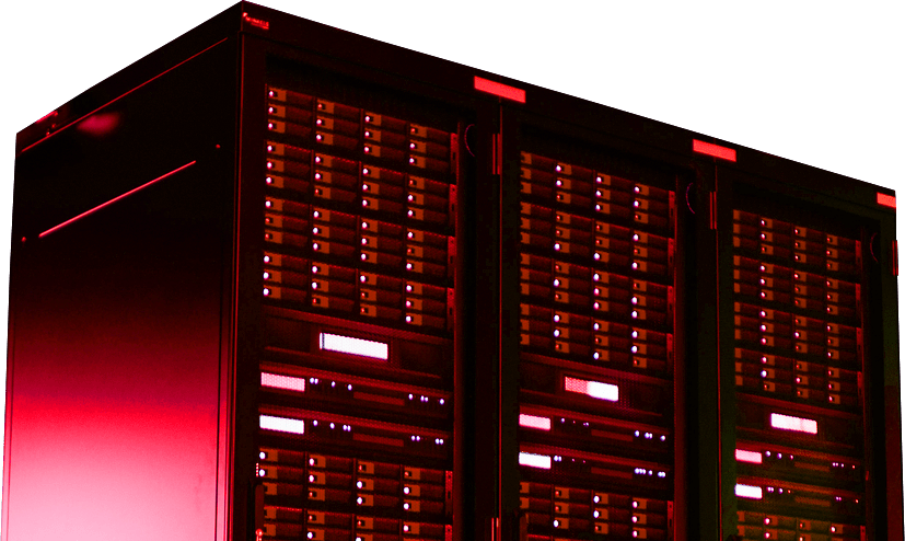 Data storage cabinets with glowing red lights, showcasing rows of servers. This image highlights advanced technology for data management.
